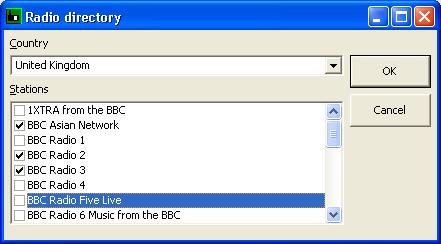 Screenshot: directories of radio stations from around the world let you add stations easily.