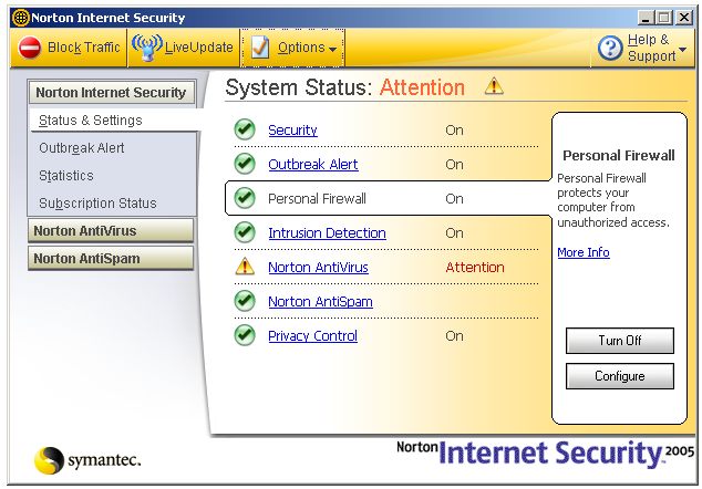 Options window for Norton Personal Firewall.