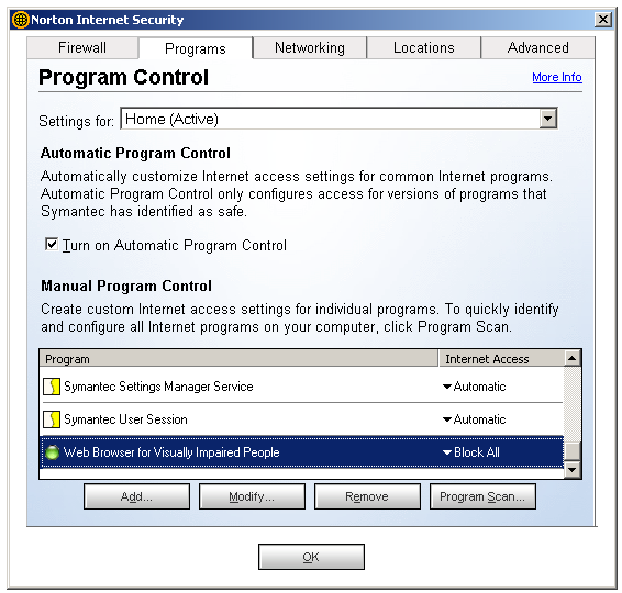 Program Control window.