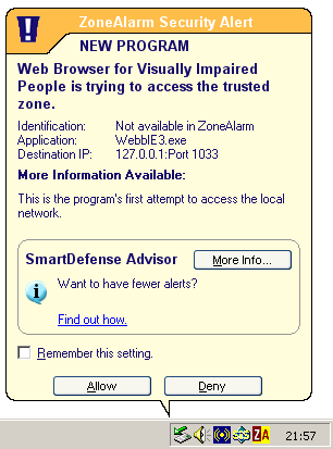 Security Alert for ZoneAlarm: just allow access and everything should work.